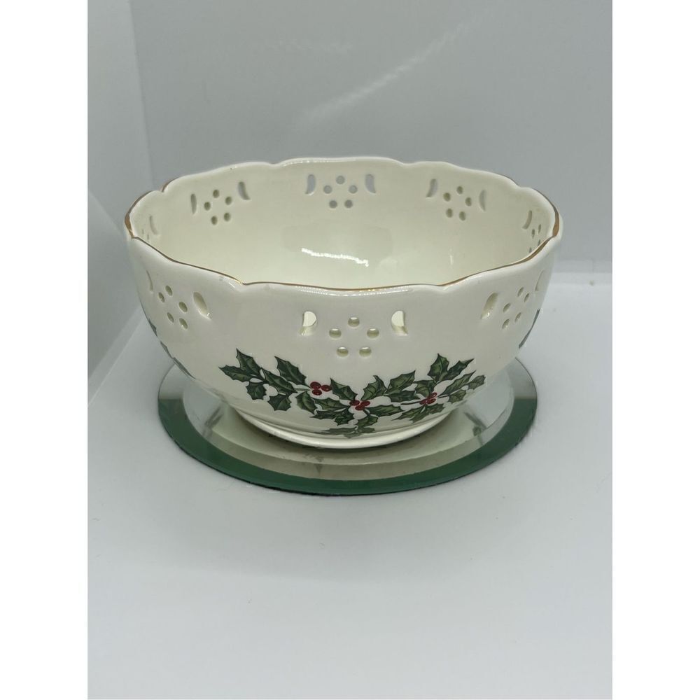Formalities By Baum Bros 6" Bowl Holly Pattern Gold Trim w/ Cutouts Christmas
